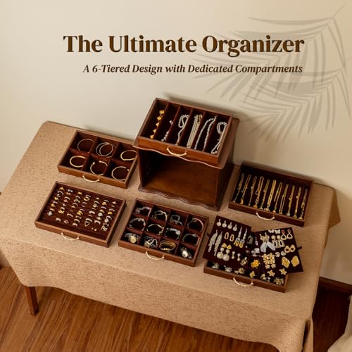 KINTNESS Black Walnut Wooden Jewelry Box - 6 Drawers Solid Wood Large Jewelry Organizer with Secret Compartment for Women Girls, Jewelry for Bracelet, Necklace, Ring, Earring - style: 6-Drawer Design