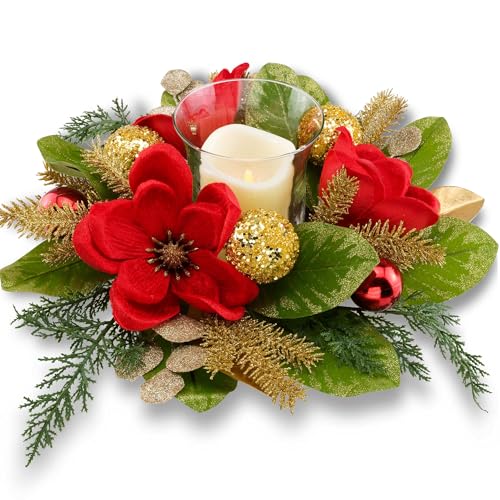 18" Centerpiece with Flameless LED Candle Holder, Design with Red Artificial Magnolia, Gold Baubles & Spruce Branches for Holiday Decor (Red) - color: Red