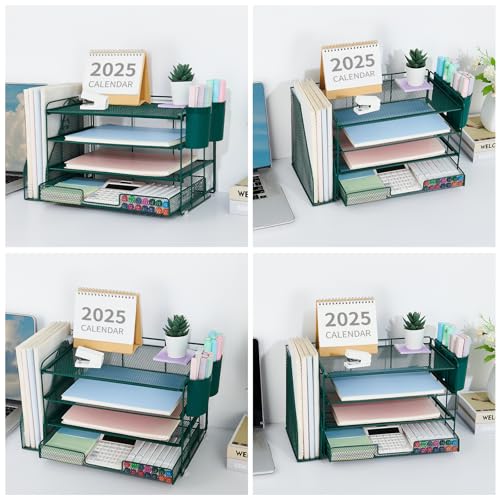 OPNICE Desk Organizer, 4-Tier Desktop File Organizer with Drawer and 2 Pen Holders, Office Desk Accessories, File Sorters, Workspace Organizers for Office Supplies(Dark Green) - color: Dark Green, size: 4-Tier