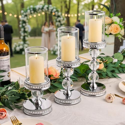 12.4" Tall Hurricane Candle Holder, Pillar Candle Holders with Glass Sleeve with Gift Box, Crystal Candle Stands for Home Warming, Weddiing, Dining Room Decor, Table Centerpiece (2, Silver, M) - color: Silver, size: Medium