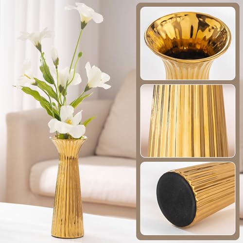 SURE YUESI 7.68” Gold Ribbed Ceramic Vase, Minimalist Farmhouse Vase for Pampas Grass, Centerpiece, Coffee Table, Kitchen, Office & Home Decor - color: Gold