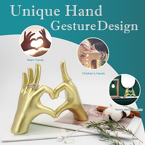 Accessoryway Gold Heart Hands Decor Sculpture,Small Love Heart Gesture Decorative Sign Sculpture for Wedding Dresser Shelves Desktop Knick Knacks Home Decor & Ring-Holder Display Stand - color: Gold