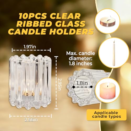 10Pcs Clear Glass Candle Holders - Decorative Ribbed Votive Candle Holders for Warm Glow, Tealight Candle Holder for Wedding Centerpieces Dinner Party Table Decor (for Candles Under 1.8")