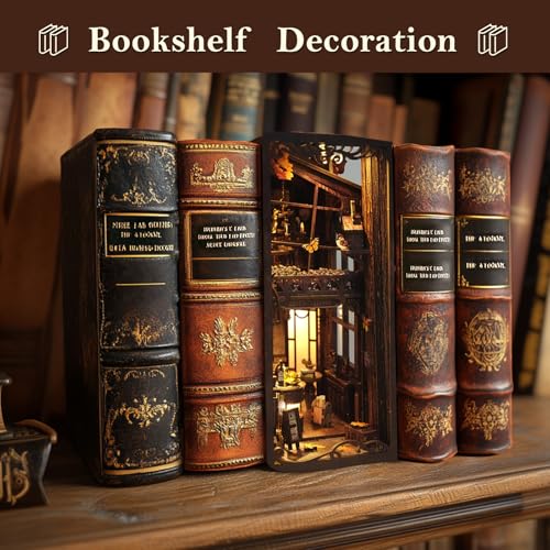 DIY Book Nook Kit Wooden Bookshelf Miniature Serenity Coffee House Kit 3D Wooden Puzzles Bookends Miniature House Kit Book Nook Bookshelf Insert Decor with LED Lights Wood Crafts for Adults