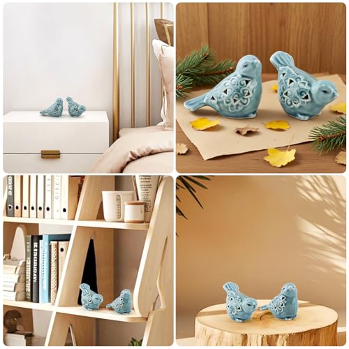 Set of 2 Blue Ceramic Bird Figurines, Glazed Bird Statues with Flower Detail, Farmhouse Modern Home Decor for Shelves, Bookcase, TV Stand, Entryway, Desk