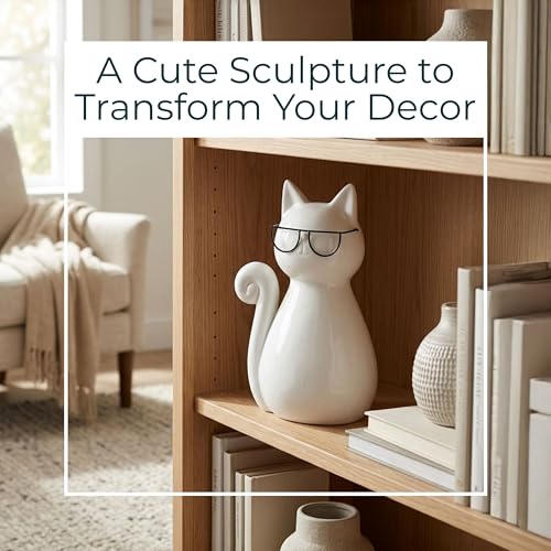7" Cat with Glasses Sculpture - Contemporary Porcelain White and Black Cat Statue for Home or Office Decor - Cat Lover Gift Idea - Decorative Home Decor Accent - size: 7.0" H