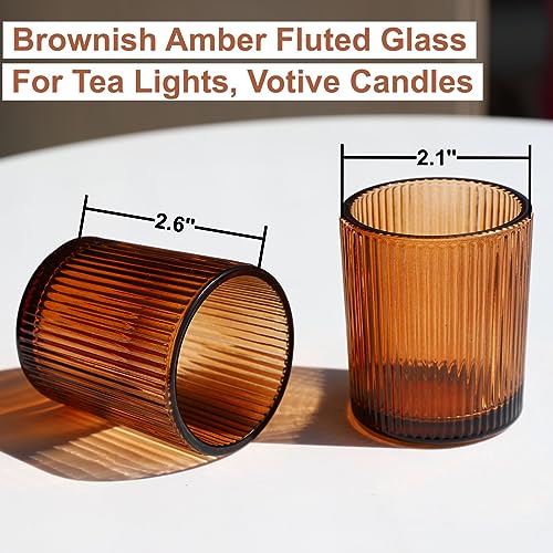VOHO Amber Candle Holders for Votive Candles/Tea Lights Candles, Ribbed Votive Candle Holders for Table Centerpiece, 12pcs Tealight Candle Holder Decor for Thanksgiving & Christmas - color: Brown