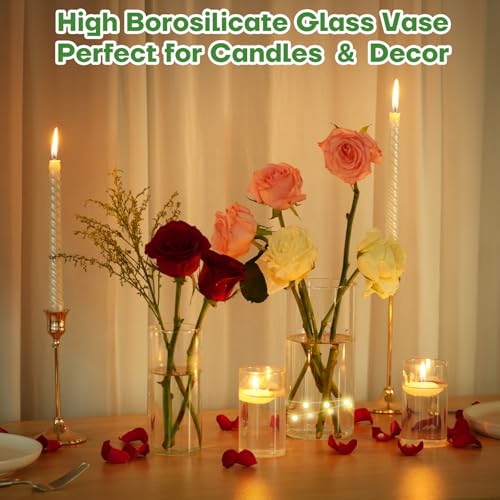 12pcs Clear Glass Cylinder Vases, 4, 6, 7.5, 10 Inch Tall Cylinder Vases for Centerpieces,Glass Flower Vase Hurricane Floating Candle Holder Vase for Wedding, Table Shelf, Party,Home Decor,Gift