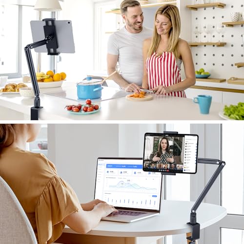Tablet Stand Holder, Aluminum iPad Desk Mount Bracket, Tablet Arm Mount Holder with 360°Rotating Metal Base, Fits for iPad Air Pro Mini, Phones, Samsung Galaxy, Kindle, All 4.7-13 Inch Devices - size: High - Two Arm Mount