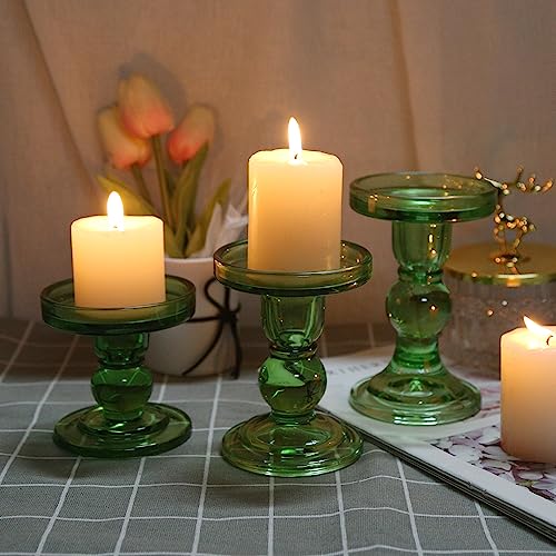 3-Piece Set of Green Glass Candlestick, Crystal Candlestick Holder Holder and Conical Candle, Christmas Candle Holder Decoration, Family Living Room Wedding Candle Holder (green1set) - color: Green