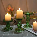 3-Piece Set of Green Glass Candlestick, Crystal Candlestick Holder Holder and Conical Candle, Christmas Candle Holder Decoration, Family Living Room Wedding Candle Holder (green1set) - color: Green
