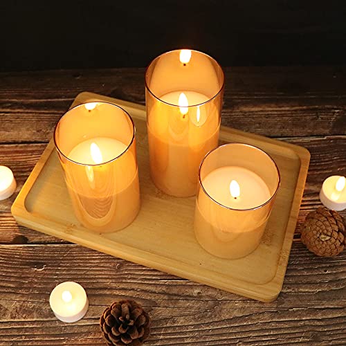 GenSwin Flameless Led Candles Flickering Battery Operated with Remote, Real Wax 3D Wick Moving Pillar Candles with Timer Remote Glass Effect for Festival Wedding Christmas Home Decor(Gold) - color: 3-Gold