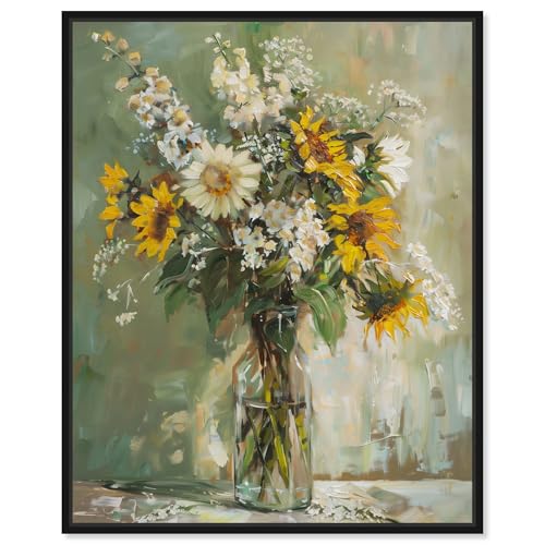 Art Remedy Sunflowers In A Glass Vase Canvas Vintage Farmhouse Wall Art, Black Frame, 20" x 24" - color: Black Frame, size: 25"L x 21"W