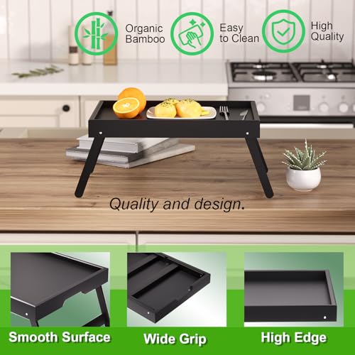 Fibogollo 4 Pack Bamboo Bed Tray Table with Folding Legs,Breakfast Trays,Serving Tray,Laptop Trays for Working,Food Snack Tray for Bed and Sofa(Black) - color: Black, size: 4 PC