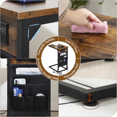 AMHANCIBLE C Shaped End Table with Charging Station, TV Tray Set of 2, Couch Tables with Storage Bag, Slide Under Sofa Side Table with USB Ports and Outlets for Living Room, Rustic Brown HET04CBR - color: Rustic Brown