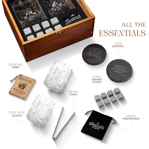 Mixology & Craft Whiskey Stones Gift Set: with Two 10oz Lead-Free Crystal Whiskey Glasses, 8 Whiskey Stones with Velvet Bag, 2 Slate Coasters & Recipe Cards in Wooden Crate | Great - size: Dark Latch Crate