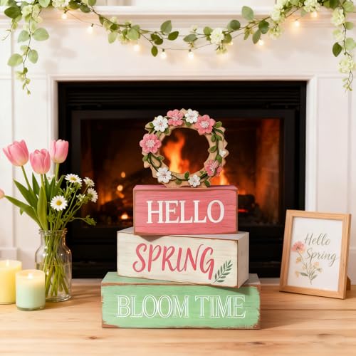 Spring Decoration Wooden Tiered Tray Decor – Rustic Hello Spring Bloom Time Stacked Block Sign with Floral Wreath Topper – Farmhouse Tabletop Spring Decor for Living Room Shelf Kitchen Coffee Bar Entryway Seasonal Home Display - style: Wreath