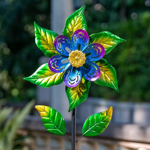 Wind Spinners Outdoor,13'' Dia Metal Flower Pinwheels,Waterproof Wind Sculpture with Metal Stake,Wind Spinner for Outdoor Patio Decor - size: 13‘’Green Flower