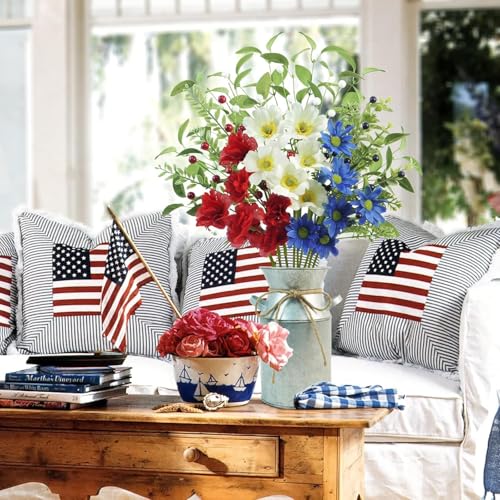 Krissing 4th of July Artificial Flowers with Vase, 20“ Patriotic Fake Flower in Vase Red White and Blue Flowers for 4th of July Centerpiece Decorations Cemetery Flowers for Independence Memorial Day - color: Red&white&blue