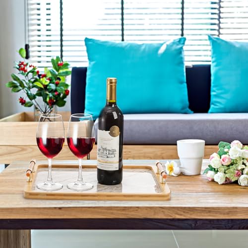 DEAYOU Bamboo Serving Tray with Handles, Marble Pattern Plastic Decorative Ottoman Tray, Large Serving Platter for Coffee Table, Breakfast, Dinner, Perfume, Kitchen Counter, Rectangle, 15.5"x11.5"