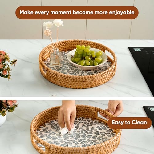 KOLWOVEN Round Rattan Tray with Handle, Rattan Serving Tray with Mother of Pearl Inlay Wooden Base (White- Black Leaves) - color: White- Black Leaves