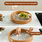 KOLWOVEN Round Rattan Tray with Handle, Rattan Serving Tray with Mother of Pearl Inlay Wooden Base (White- Black Leaves) - color: White- Black Leaves