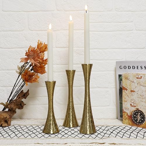 Taper Candle Holders Metal Candlestick Holders Set of 3 Table Mantel Decorative Candle Stand for Dinning,Party，Wedding,Home Decor(Brass Gold) - color: Brass Gold