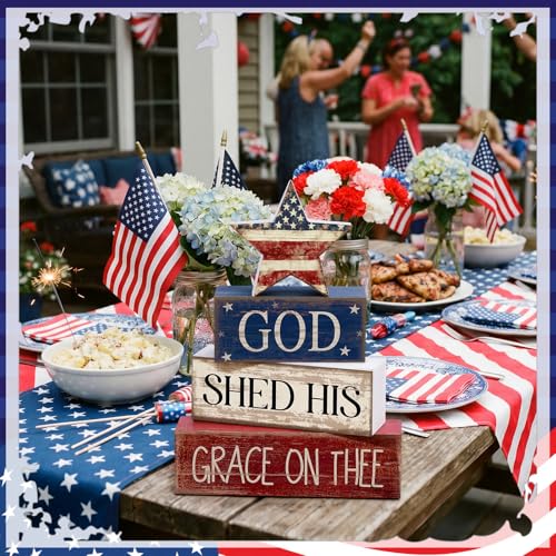 CroBlissful 4 Pcs 4th of July Decorations Patriotic Memorial Day Tabletop Decoration Red White Blue Table Centerpieces Sign for Office Tiered Tray Home Shelf 250th Anniversary(God Star) - style: God Star