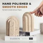 Natural Marble Book Ends - Heavy Duty Bookends for Shelves - Aesthetic Layered Arch Design Stone Book Holders, Unique Modern Office Bookshelf Stopper Decor for Books/CDs(Travertino Turkey) - style: Arched-Beige