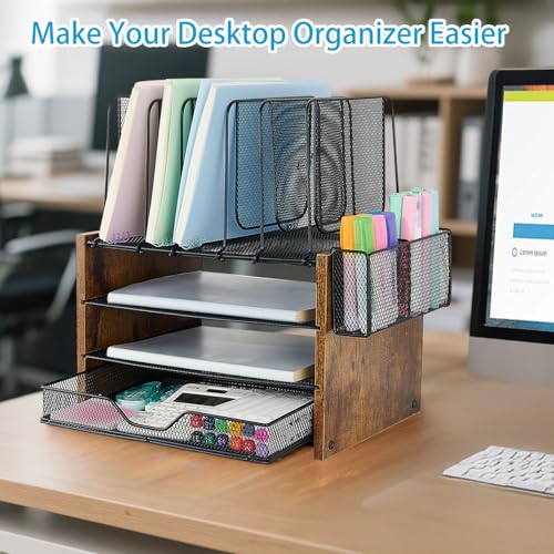 OPNICE Desk Organizer, 4-Tier Desktop File Organizer with Drawer and 2 Pen Holders, Office Desk Accessories, Workspace Organizers for Office Supplies(Brown Wood) - color: Brown Wood, size: 4-Tier Upgrade