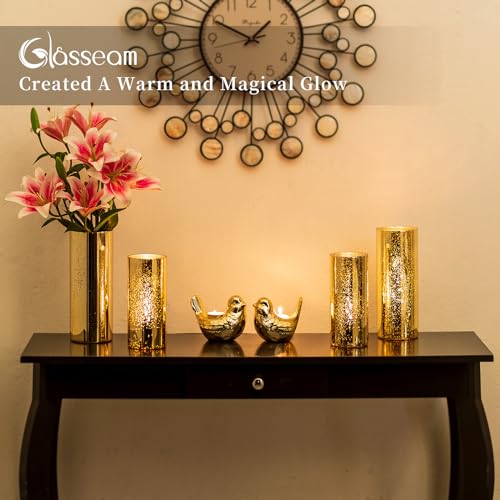 Glasseam Mercury Gold Candle Holders, Set of 6 Glass Hurricane Candle Holder, Glitter Pillar Candle Holder for Table, Modern Cylinder Vases for Centerpieces Wedding Dining Christmas Decorations