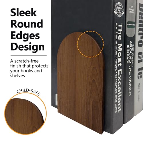 Brosisincorp Walnut Wood Book Ends for Shelves - Hand Polished Edges, Non-Skid Bookends for Heavy Duty Book Holders Office Desk Shelves Decorative Book Organizer, 6.69"H x 4.72"W x 3.94"L (3 Pairs) - color: 3 Pairs-round