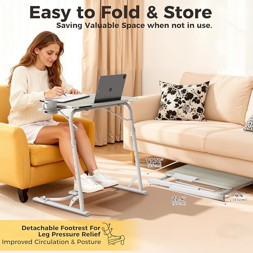 FoldWise Upgraded Folding TV Tray Table - Extra Large & Sturdy Laptop Table for Couch, Height & Angle Adjustable Desk for Dinner, Work & TV - Includes Footrest, Cup Holder, iPad Holder & Edge Stopper - color: (White) - Bright Wood