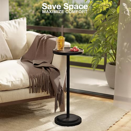 BLUEWEST Drink Table, 24.4" Tall Compact Side Table with Phone Slot and Weighted Base, Durable Pedestal Table Accent for Living Room (Flat, Walnut) (Black, Double Base)