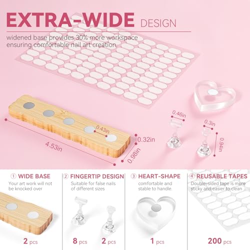 Nail Stand for Press On Nails Art Display Practice 2 Sets, 1 Heart Shaped Acrylic Magnetic Nail Stands, Fake Nail Holder Tips With 200 PCS Double-Sided Tape, Nail Kit Home DIY Salon Supplies - color: Wood, size: Medium