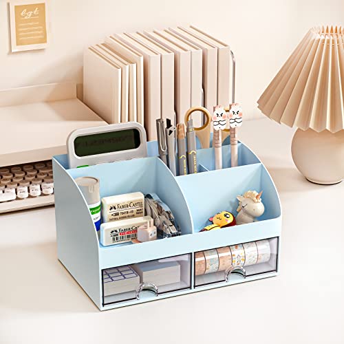 COMFYROOM Desk Organizer with 6 Compartments and 2 Drawers, Plastic Makeup Organizer, Pen Holder for Desktop Storage, Desk Organization for School, Home, Office Supplies (Blue) - color: Blue