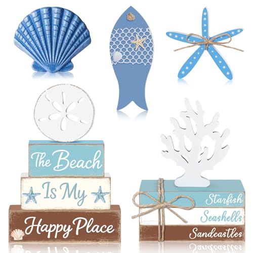 Vercraft 11 Pcs Beach Table Decorations Set Ocean Tiered Tray Decor Summer Wood Block Sign Gift the Beach Is My Happy Place Starfish Seashell Coastal Centerpiece Summer Party Supplies Shelf - style: Beach