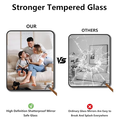 Koonmi Bathroom Mirror, 32X40 Brushed Black Metal Framed Wall-Mounted Mirror for Over Sink, HD Tempered Glass, Anti-Rust, Rounded Rectangle Mirror for Restroom, Bedroom, Hangs Horizontal or Vertical - color: Rounded Edged, size: 40"L x 32"W