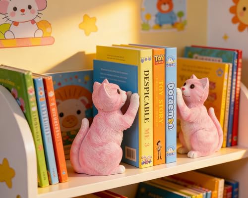 Cute Cat Bookends for Shelves, Heavy Duty Bookends, Decorative Bookends for Kids Books, Non-Skid Design, Pink Cat Statue Enthusiasts Gifts - color: Pink