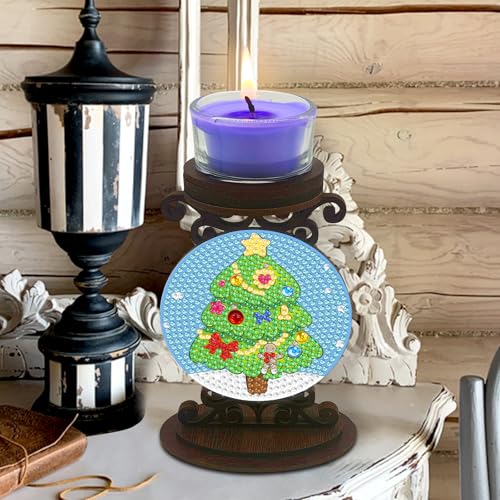 BAYUNOE DIY Candlestick Holders Wooden Desktop Diamond Art Painting Candle Holder Double-Sided Diamond Vintage Modern Decorative for Table Mantel Wedding Dinning Party-Christmas Tree - color: Christmas Tree