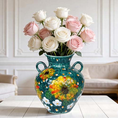 10 Inch Ceramic Vase with Sunflower & Daisy Design, Hand-Painted Decorative Flower Vase with Handles, Rustic Farmhouse Table Centerpiece, Ideal Gift for Sunflower Lovers & Home Decor Enthusiasts - color: Green-sunflower