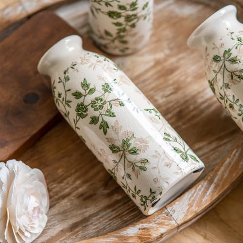 Teweiqi Vintage Vase Set of 3, Ceramic Flower Vases Chinoiserie Decor, Rustic Farmhouse Vases Retro Decorative Vases, for Home Living Room Kitchen Table Mantle Shelf Decor - Green and White - color: Green and White, size: set of 3