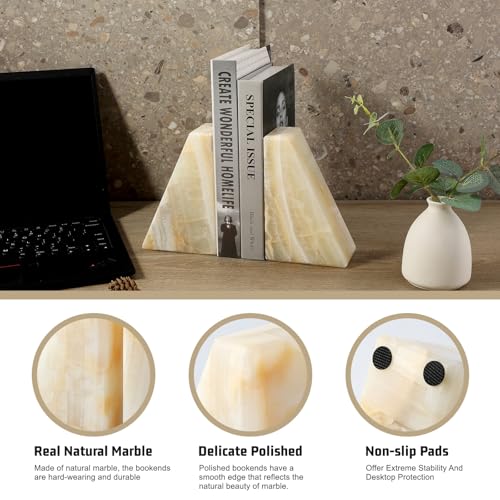 Marble Bookend for Heavy Books, Decorative Bookends for Shelves, Durable and Heavy-Duty Book End for Hardback Book & CDS, Unique Stopper & Holder, Green Onyx, Set of 2 - color: Green Onyx