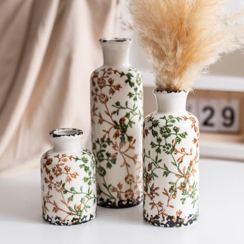 Vintage Ceramic Flower Vase Set of 3, Rustic Farmhouse Vase for Home Decor, Distressed Decorative Vase for Table Entryway Mantel Centerpiece Living Room Bathroom Bedroom (Beige-Green Crackle) - color: 108-beige-green Crackle