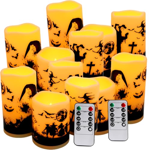 12-Pack Halloween Ink Painting Large Electronic Waxes with Remote Control, Flameless LED Candles for Halloween Spooky, Halloween Ambient Sense Artifacts. - color: 12Pack-halloween