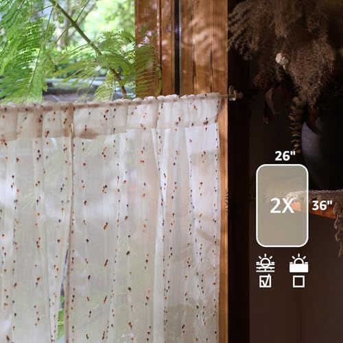 jinchan Semi Sheer Kitchen Curtains for Window 36 Inch Mini Pom-Pom Voile Tier Curtains Light Filtering Small Drapes for Bedroom Living Room Rod Pocket 2 Panels Amber Bloom - color: Dottie Amber Bloom, size: 26"W x 36"L (Pack of 2)