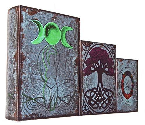 Bellaa 28229 Decorative Book Box Antiques Vintage Retro Invisible Secret Storage Faux Leather Wood Magnetic Set of 3 Tree of Life Triple Moon Pentacle - style: Triple Moon