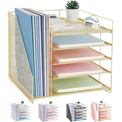 LEKETREE Desk Organizers and Accessories, 5-Tier Paper Letter Tray Organizer with File Holder, Desktop Organizer for Office Supplies (Gold) - color: Gold, size: 12" x 12" x 12"