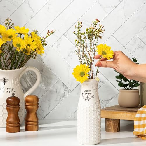Young's Inc. Ceramic Flower Vase (Bee Happy) - White Ceramic Vase - Honeycomb Decor - 3" L x 3" W x 8" H Contains one Flower vase - color: Vase ("Bee Happy")
