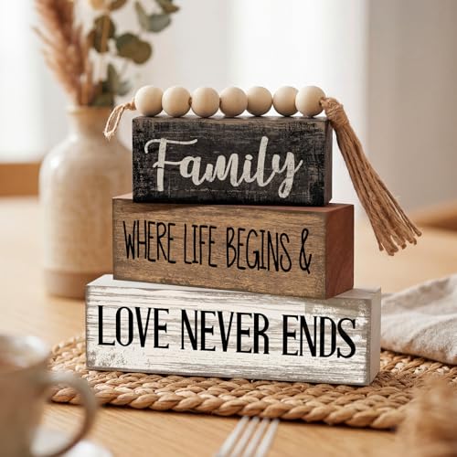 Yuntau 4 Pcs Farmhouse Family Tabletop Decor Tiered Tray Decor Rustic Wood Decorative Stacked Sign Block Gift Retro Bead Garland Family Where Life Begins Love Never Ends Table for Home Shelf Office - style: Famliy